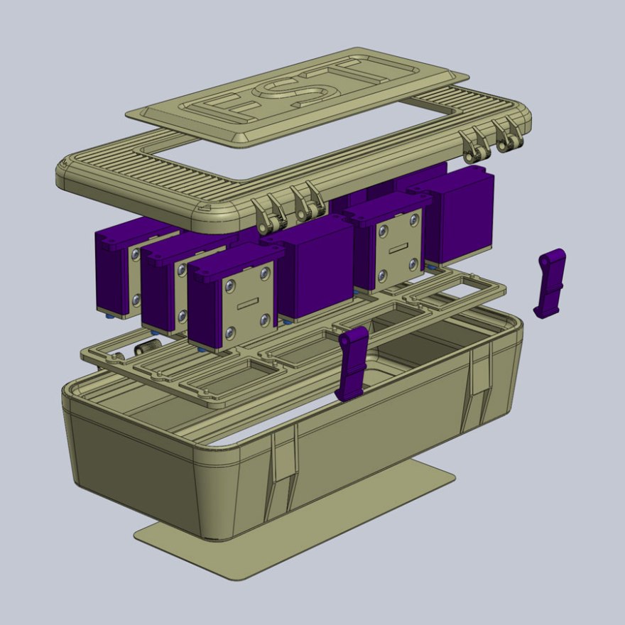 exploded view of hard case parts and gyros in CAD